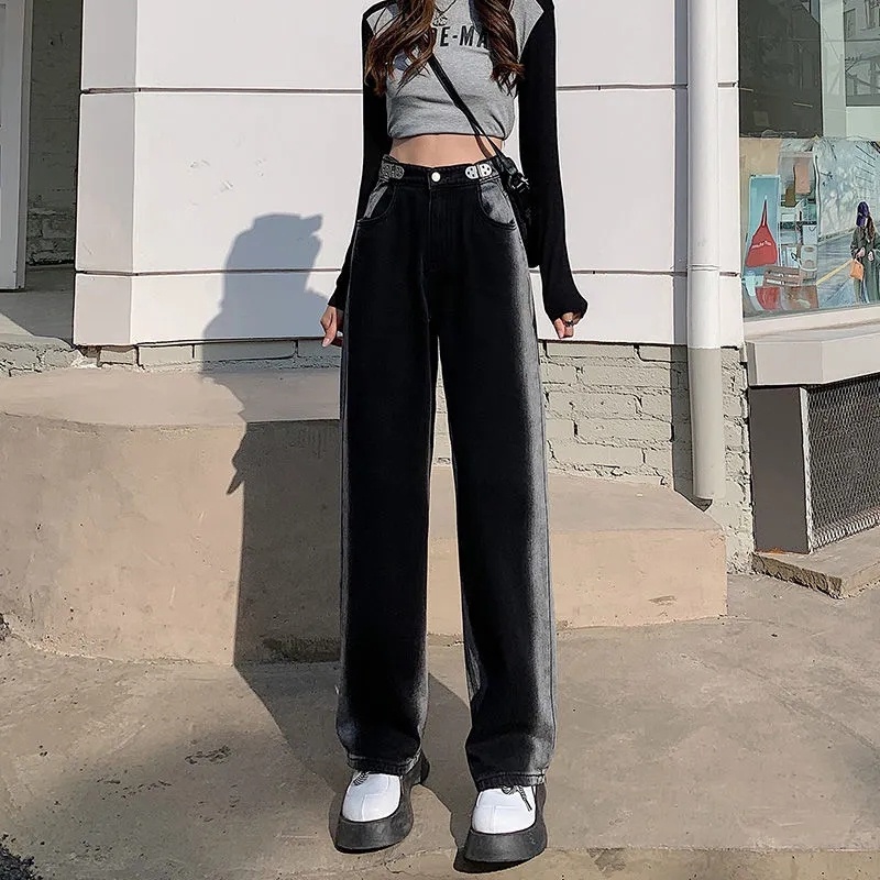 SUXI Quần Jean Lưng Cao Ống Rộng Thời Trang Hàn Quốc Cho Nữ