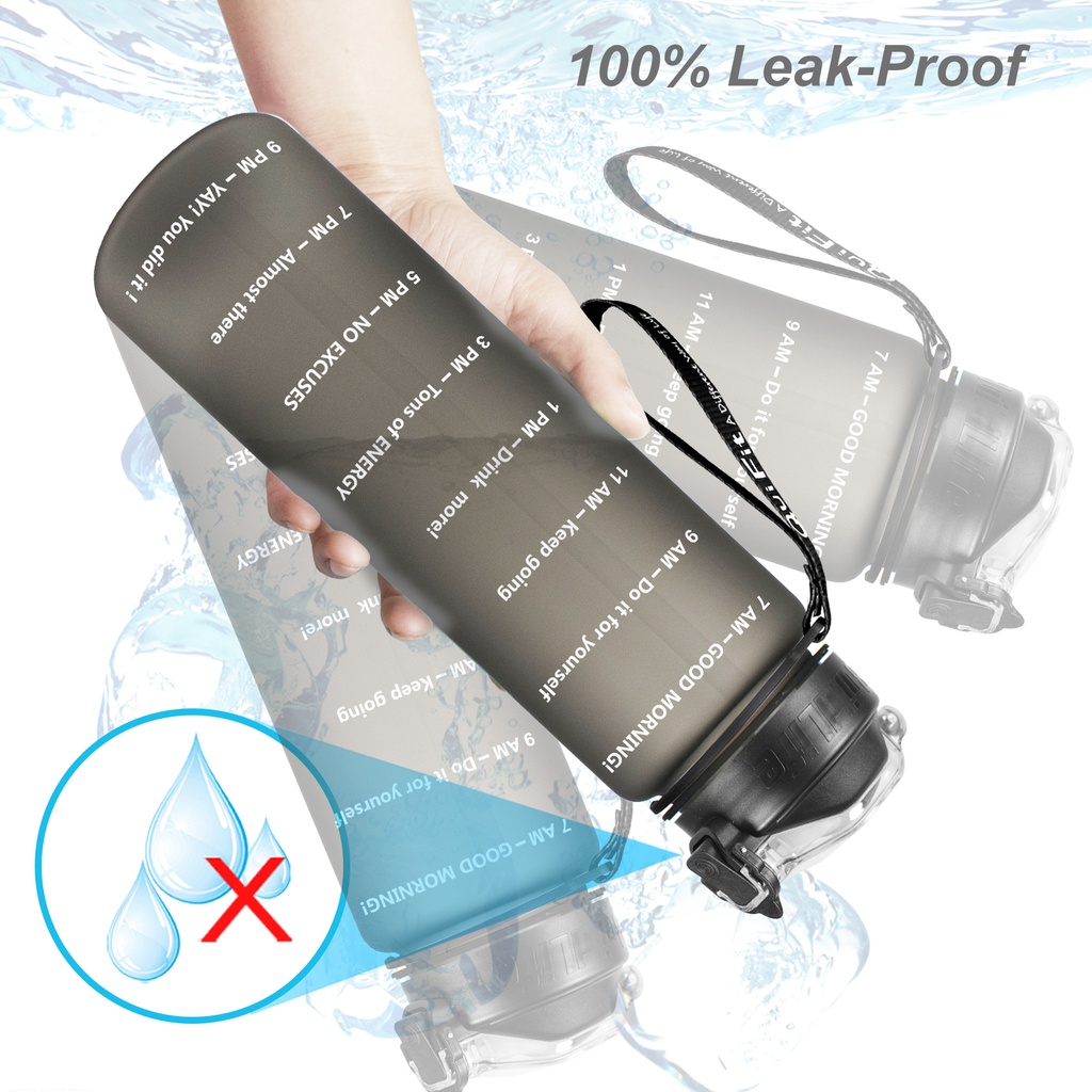 Bình nước QuiFit silicon mềm không chứa BPA có ống hút và ghi chú thời gian tiện lợi 1l