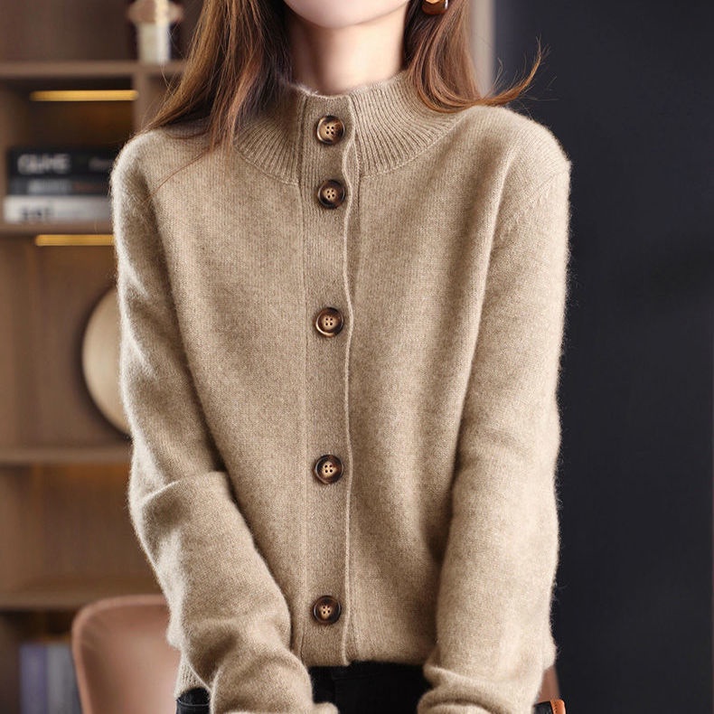 Áo Khoác Cardigan Dệt Kim Cổ Đứng Phong Cách Thời Trang Thu Đông