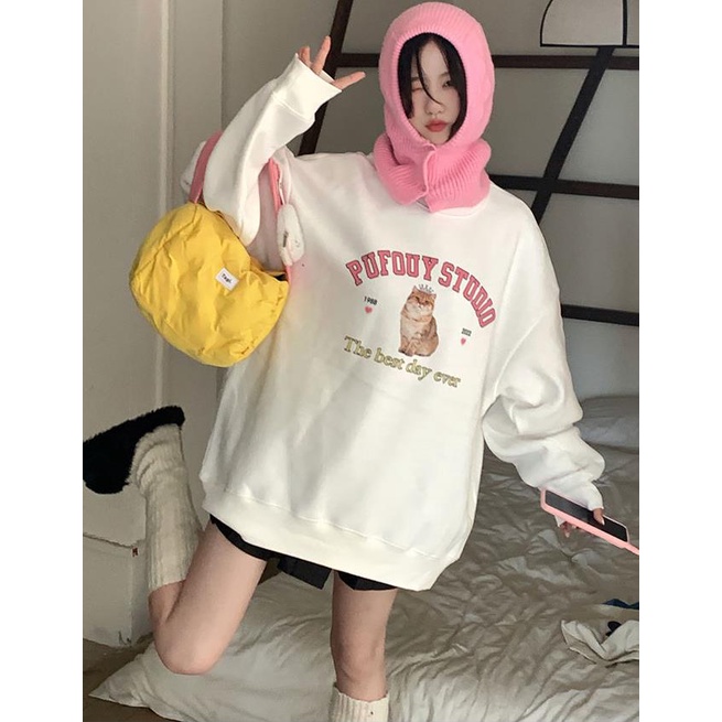 Áo sweater cổ tròn dáng rộng in hình mèo đáng yêu xinh xắn thời trang thu đông 2022