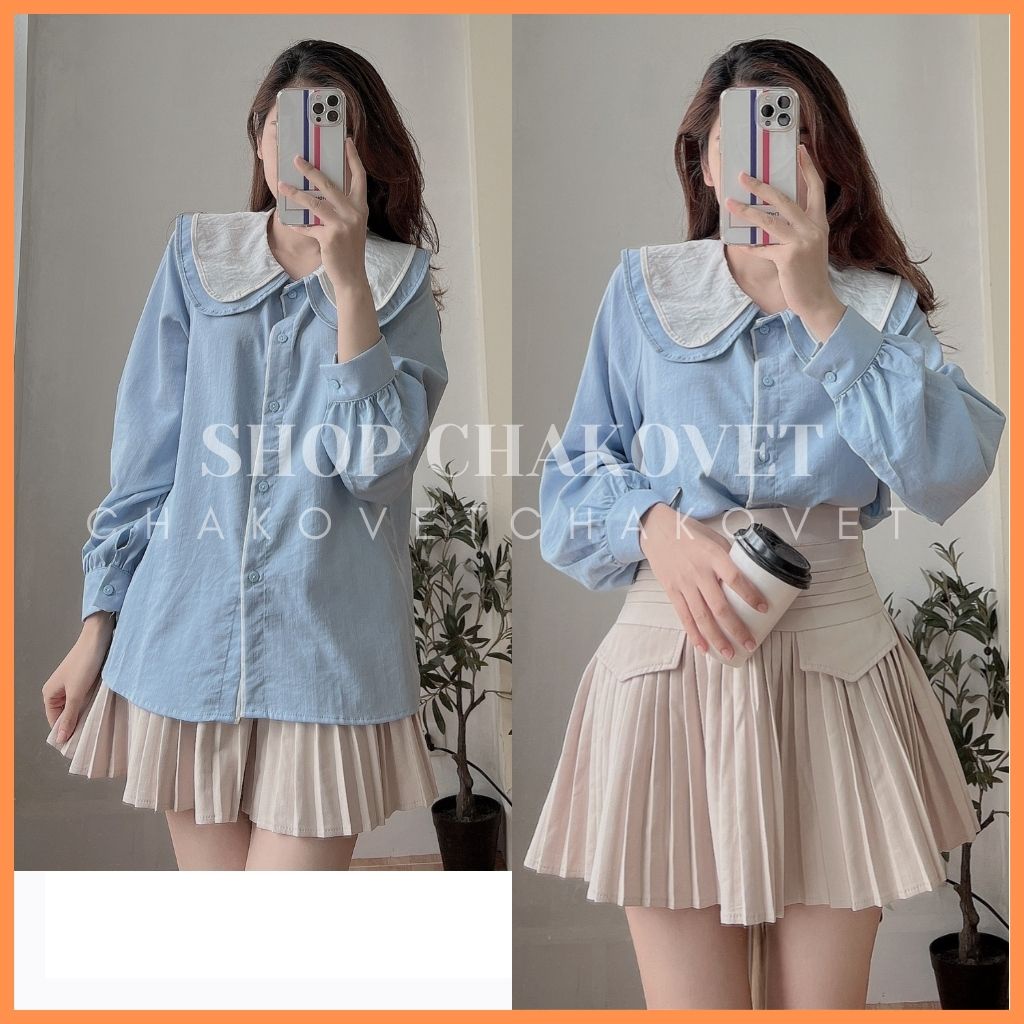 Áo sơ mi nữ dài tay màu trắng be xanh đẹp A8158, áo kiểu nữ cổ bèo 2 lá dáng ulzzang vintage hàn quốc cao cấp freesize