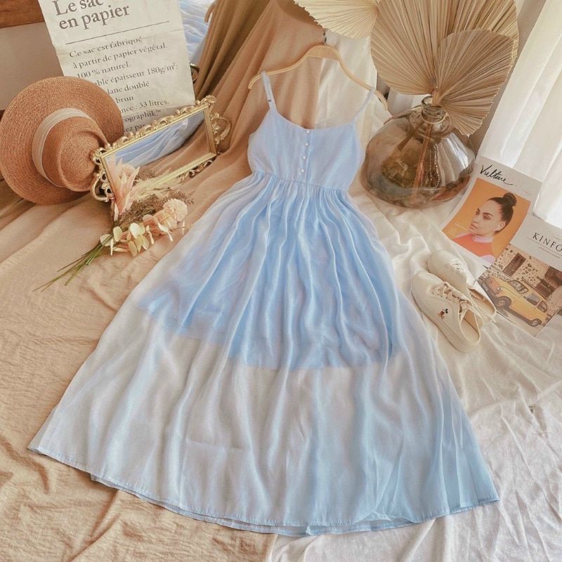 Đầm MAXI 2 dây Baby Doll Xanh có nút trầy dọc giữa