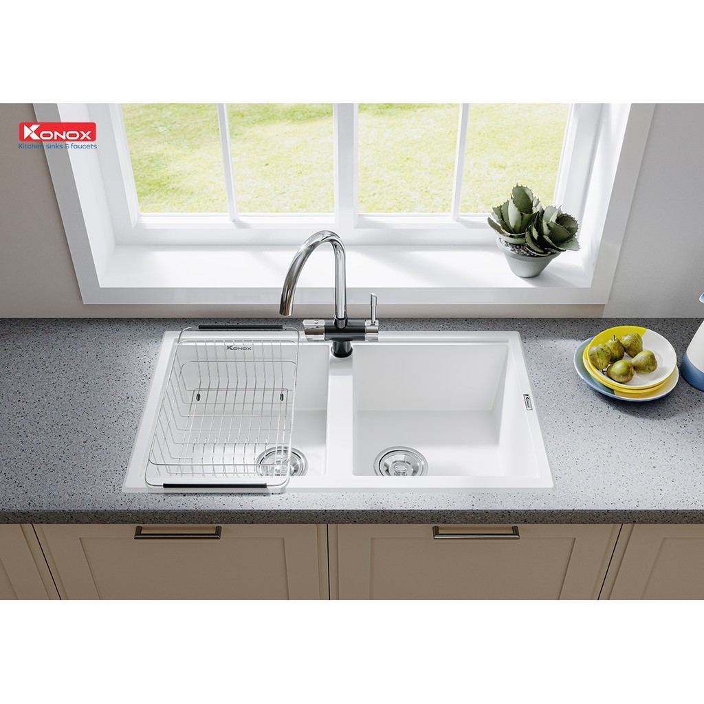 Chậu rửa bát KONOX Granite Series Phoenix 860 Grey, Made in Italy, Full set gồm Siphon + Giá úp bát inox