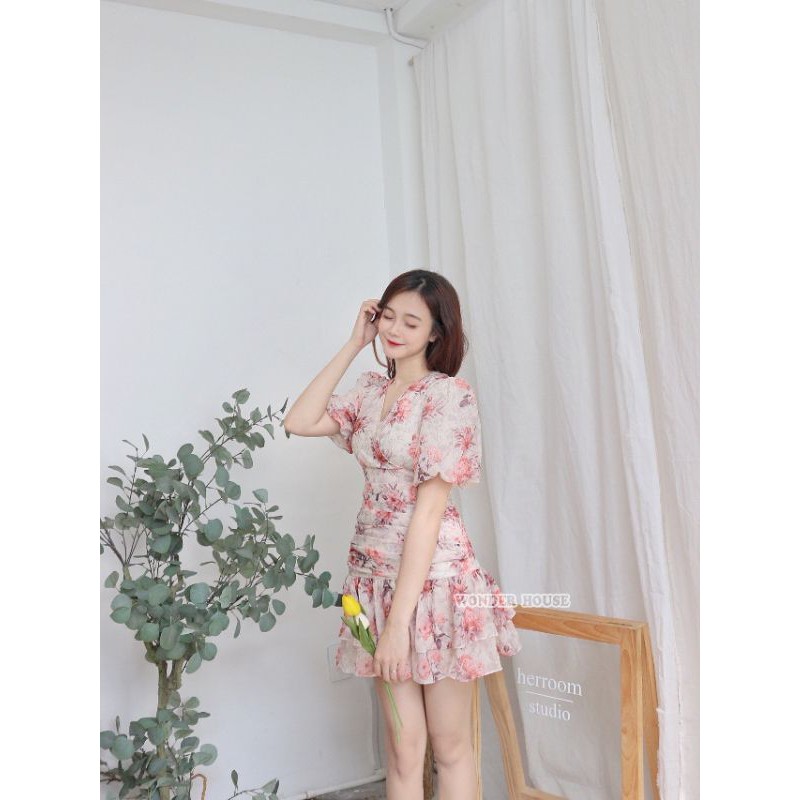 Đầm thiết kế WONDERHOUSE cổ tim nhún bèo voan in hoa công sở, dạo phố nữ tính - Hana dress