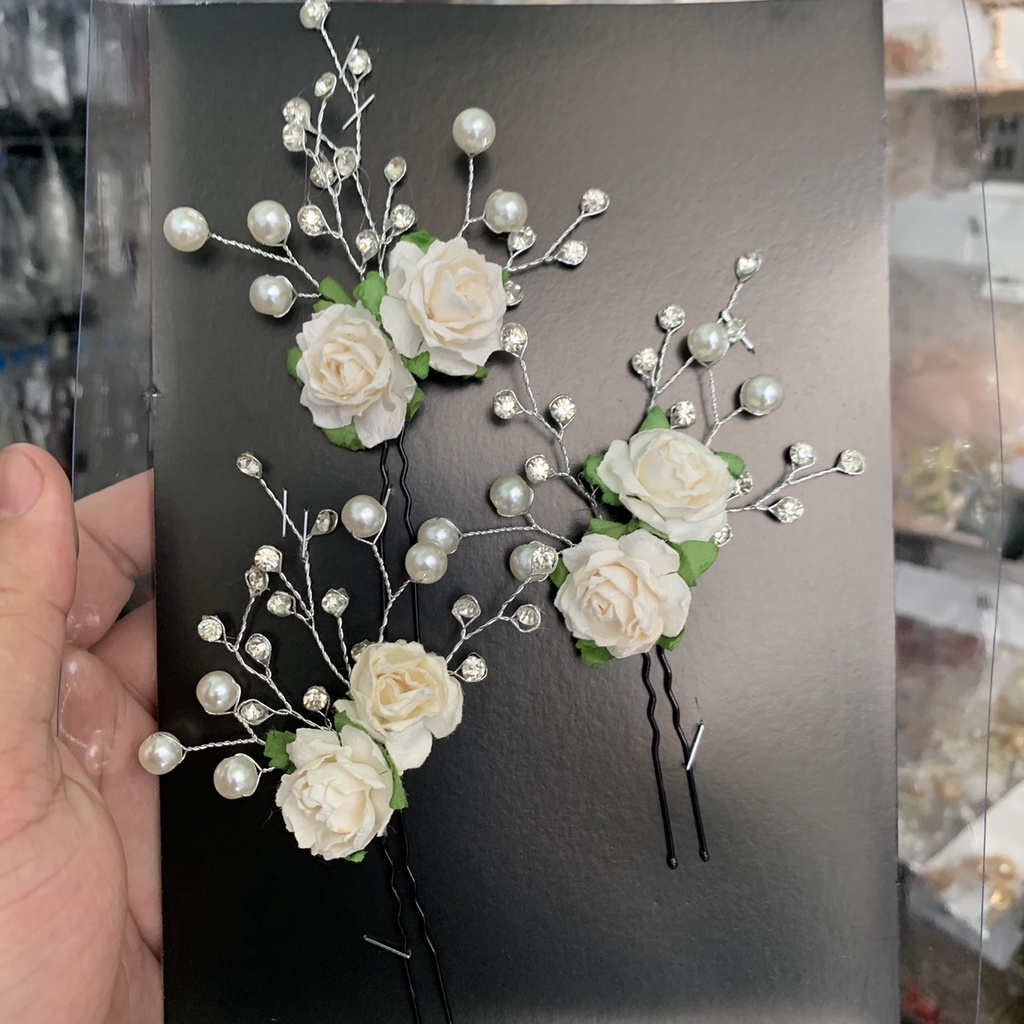 Bộ ba trâm hoa giấy cài tóc cô dâu đính hạt trai đá mẫu T10-2021 Giangpkc Hoa hồng Sp221379