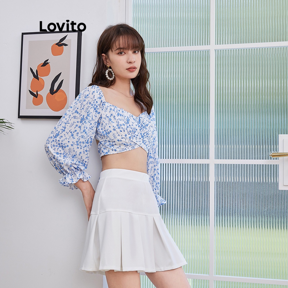 Áo kiểu Lovito L04146 dài tay màu trắng họa tiết hoa nhí dáng ôm vừa vặn có dây thắt sau lưng | BigBuy360 - bigbuy360.vn