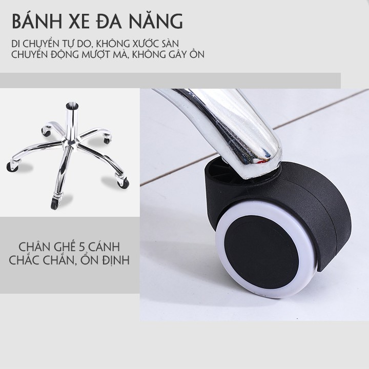 Ghế Eames , Ghế Trang Điểm Chân Sắt Mạ Inox Thủy Lực Có Bánh Xe, Nệm Cánh Bướm Êm Ái, Xoay Tròn, Tăng Giảm Độ Cao