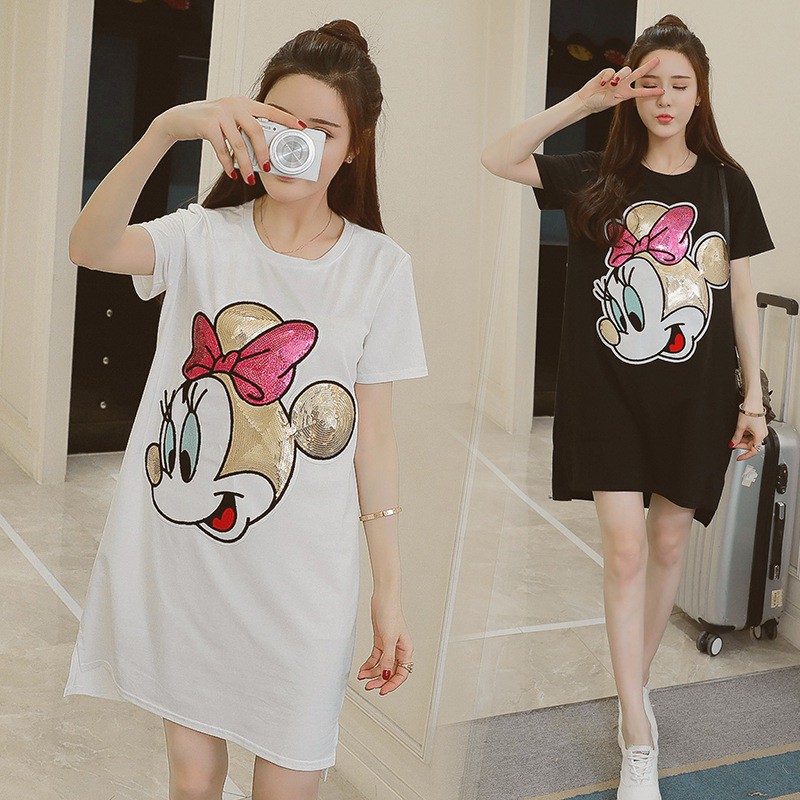 Đầm thun ngắn tay đính kim tuyến hình hoạt hình dễ thương cho nữ