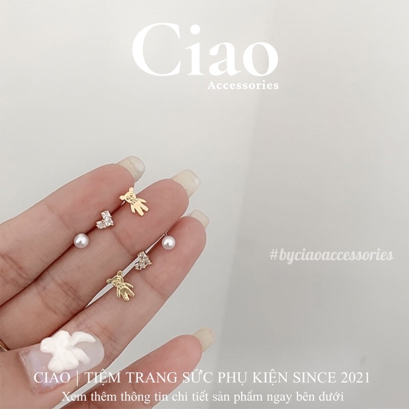 [HOẢ TỐC 1H] Set 3 khuyên tai/ bông tai mạ bạc S925 thiết kế xinh xắn đính đá charm gấu Mimim Ciao