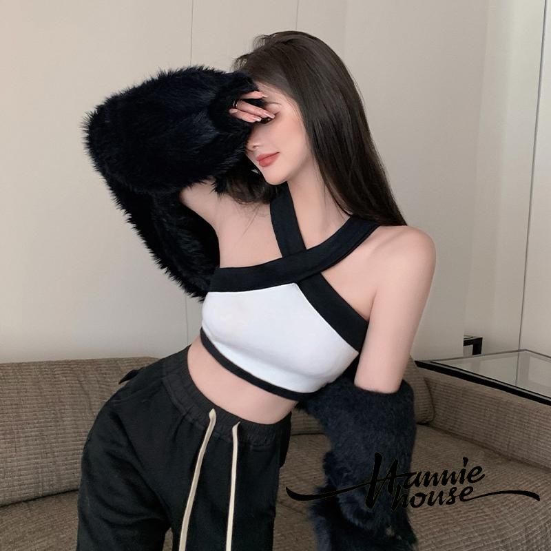 Hannie-Summer Women Black White Color Matching Cross Hanging Neck Off Shoulder Tank Top