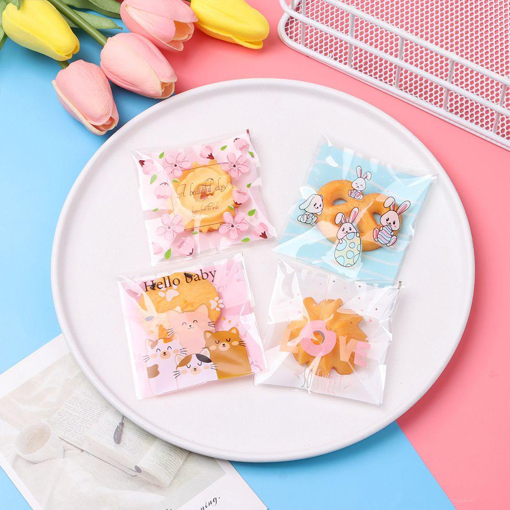Set 100 Túi Nhựa 7x7cm Đựng Bánh Kẹo Tự Dính Thiết Kế Hoạt Hình Dễ Thương