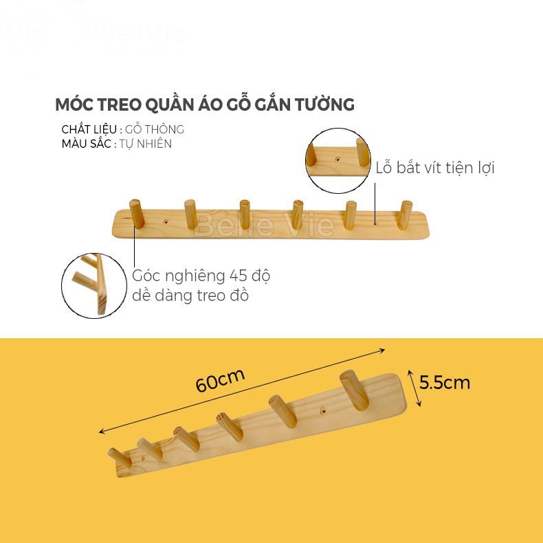 Móc treo quần áo, móc treo tường đa năng gỗ thông nhập khẩu Ant Home - ND011