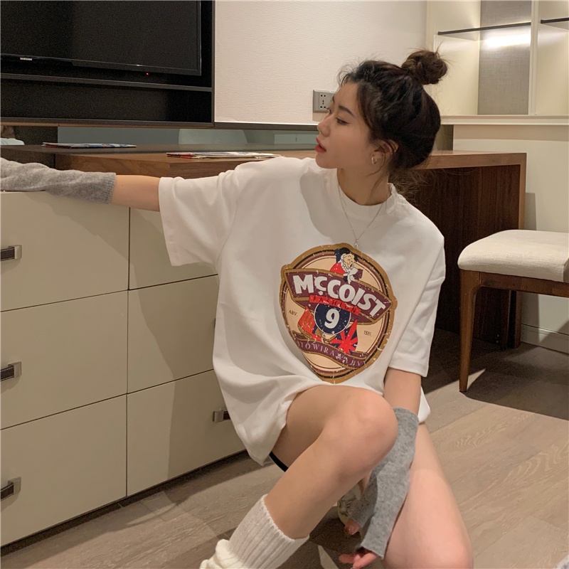 Áo thun SUXI ngắn tay cổ tròn dáng rộng in họa tiết cổ điển thời trang mùa hè cho nữ