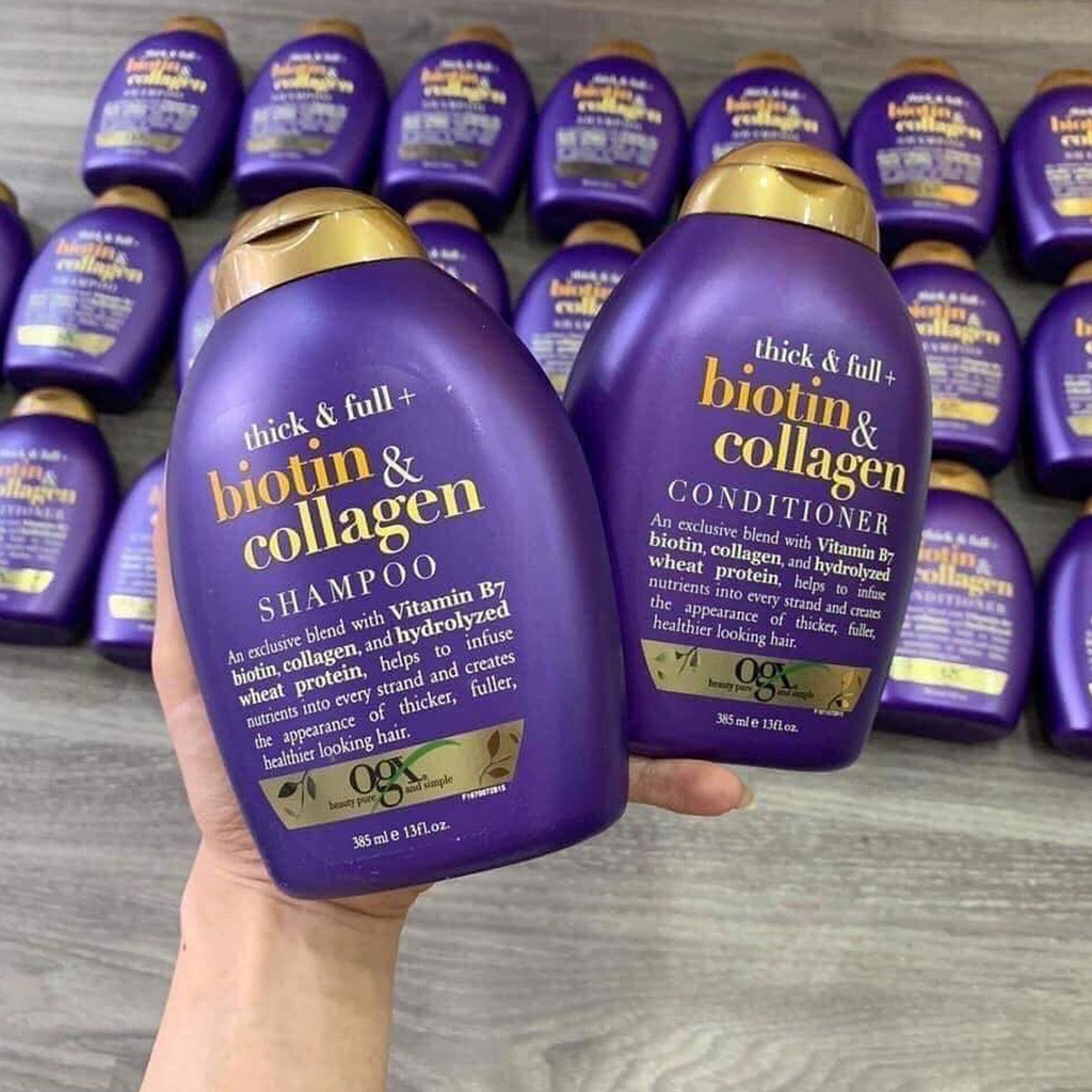 Combo Dầu Gội Xả Biotin OGX Thick & Full Biotin Collagen 385ml