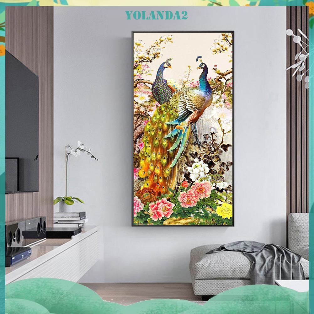Tranh Đính Đá Tự Làm Hình Con Công Màu Vàng Kim Cương
