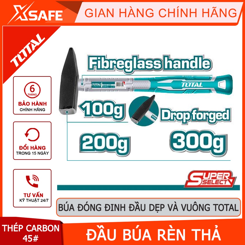 Búa đóng đinh đầu dẹp và vuông TOTAL đầu búa nặng 100-300g, thép carbon 45, rèn thả cứng cáp, độ bền cao - CHÍNH HÃNG