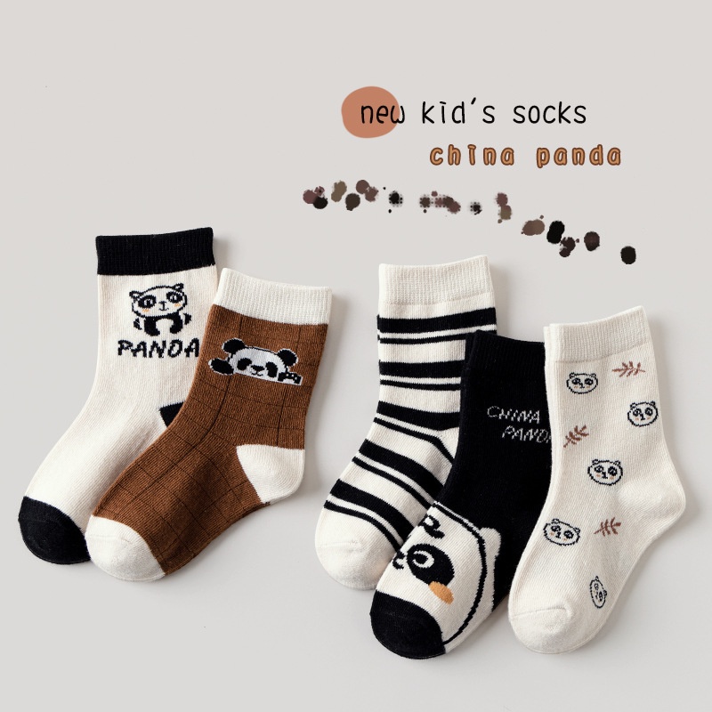 Set 5 đôi tất cao cổ cho bé họa tiết panda, vớ bé trai, bé gái cotton 100% cho bé từ 1-5 tuổi