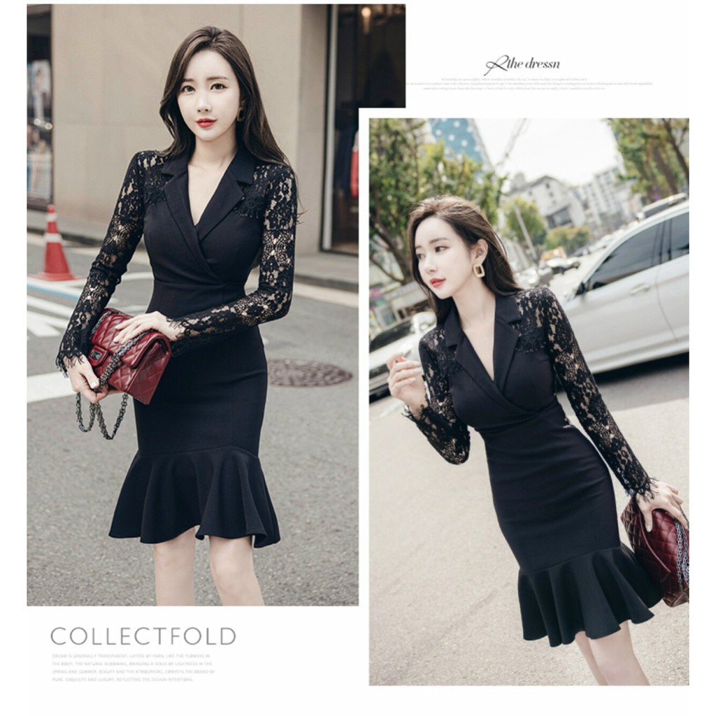 Đầm Công Sở, Đầm Ôm Đuôi Cá Cổ Vest Phối Ren Mi, Đầm Ôm Công Sở, Đầm Phong Cách