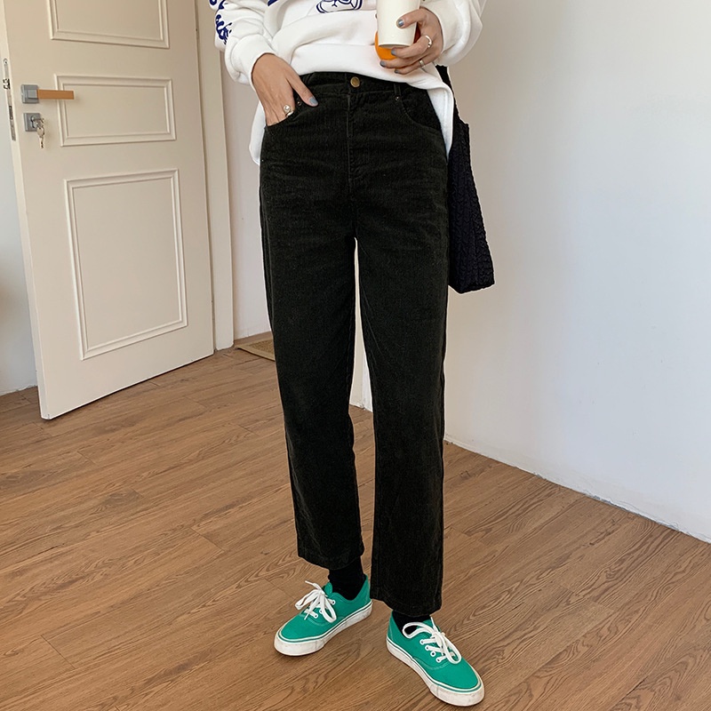 Quần Nhung Lửng nữ Ống suông Lưng cao Form rộng Ulzzang Hàn Quốc Quần nhưng nữ Thu Đông Thời trang