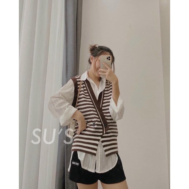 Áo gile hoạ tiết KẺ NGANG gài cúc bên
