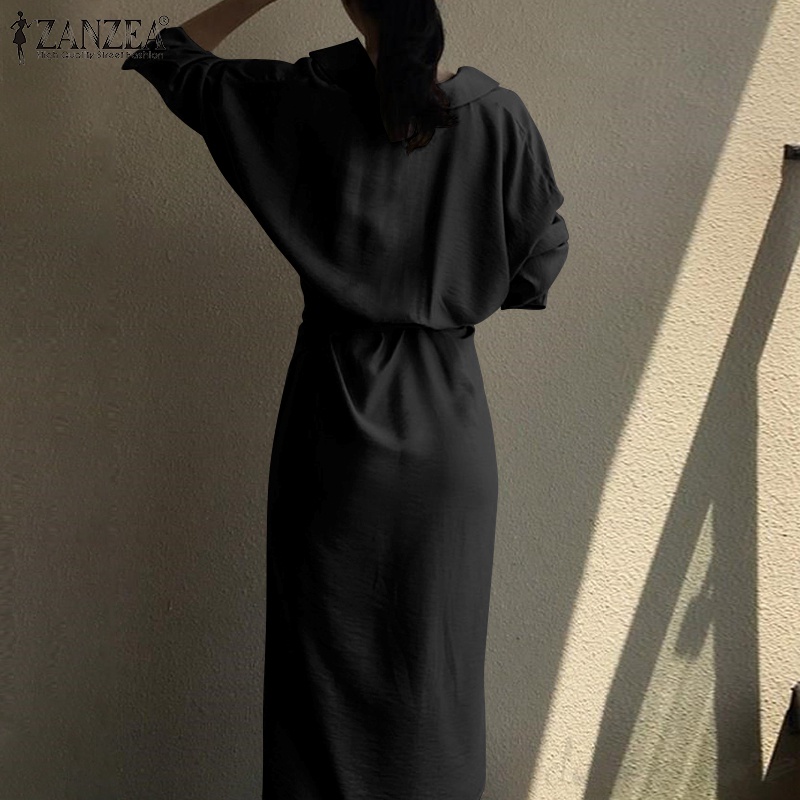 Đầm midi  ZANZEA tay dài cổ bẻ cột dây thời trang cho nữ