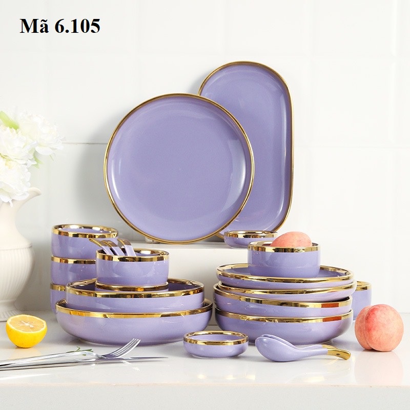 Bát đĩa màu tím viền vàng 26 chi tiết, tô sứ cao cấp, bộ đồ bàn ăn: 6.105