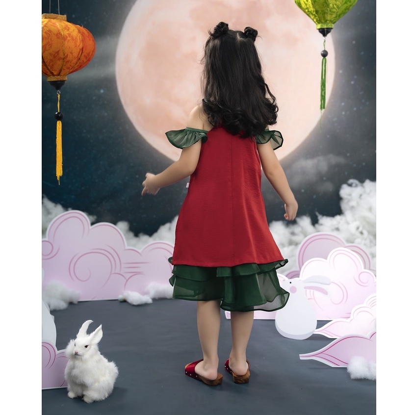 Váy trung thu cổ yếm bé gái ILABY in ngực tay cánh tiên chất liệu tơ lụa mềm mại cho bé 10-35kg
