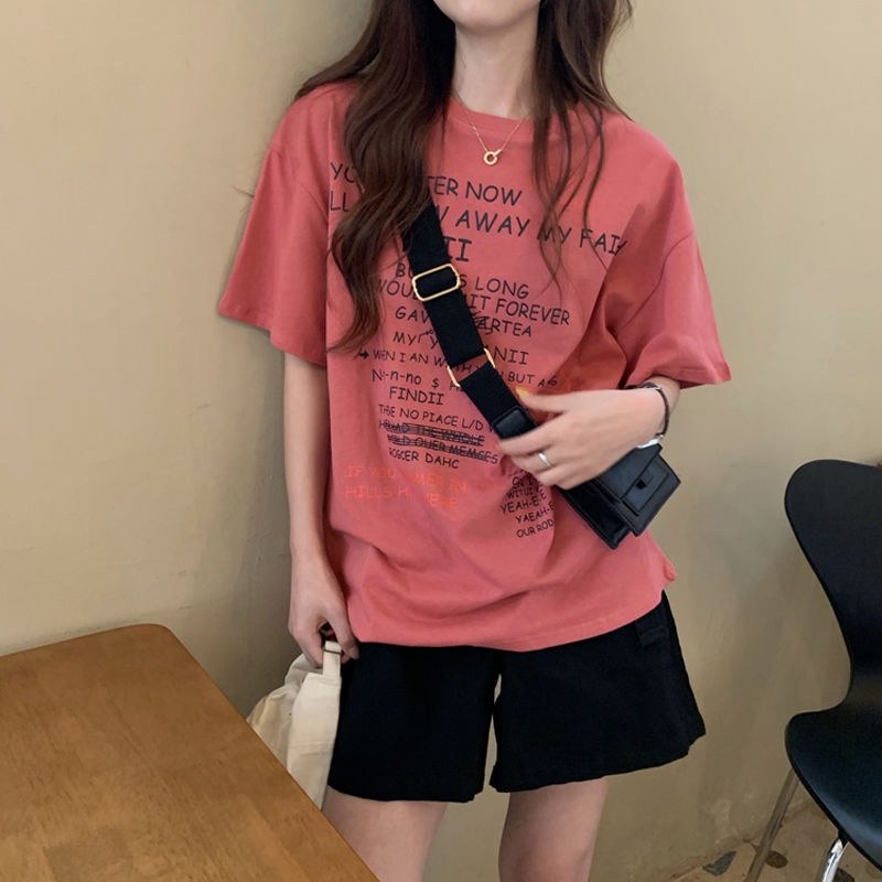 Rose Pink Short Sleeve T-Shirt women's fashion summer 2021 new Korean version Harajuku mid long loose half sleeve top