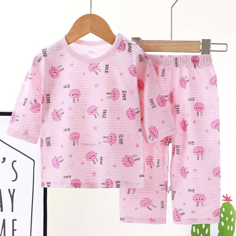 Bộ đồ ngủ cotton tay lửng in họa tiết hoạt hình thời trang mùa hè dành cho bé 80-150