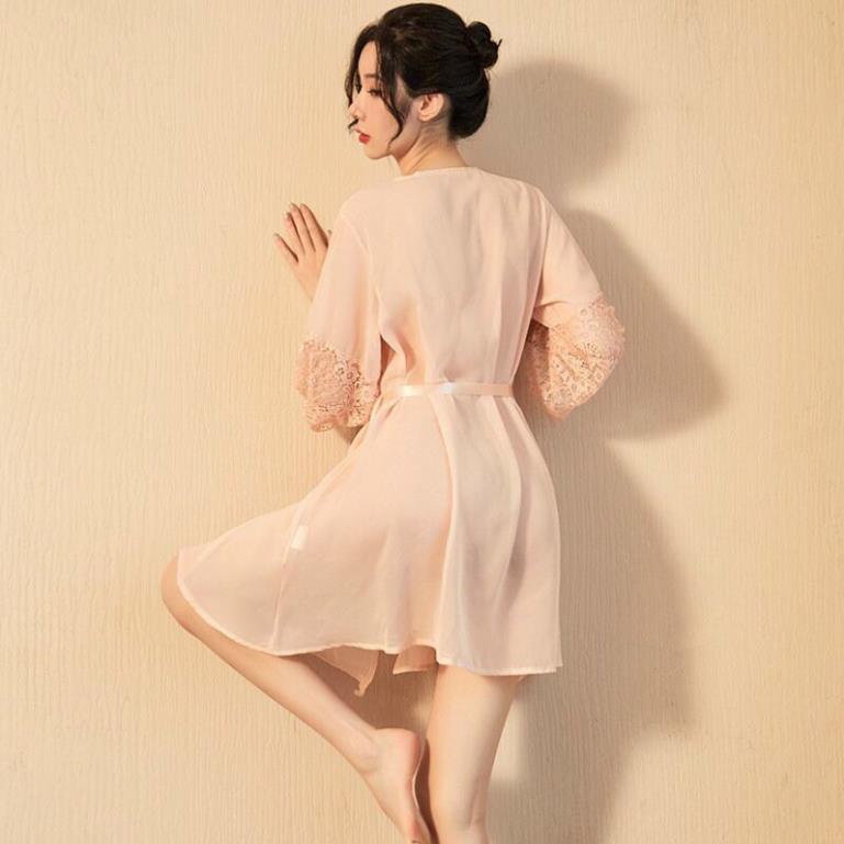 Áo Choàng Ngủ 5244 Họa Tiết Trơn, Tay phối Ren, Vải Nhì Xuyên Thấu Rất Gợi Cảm 😍