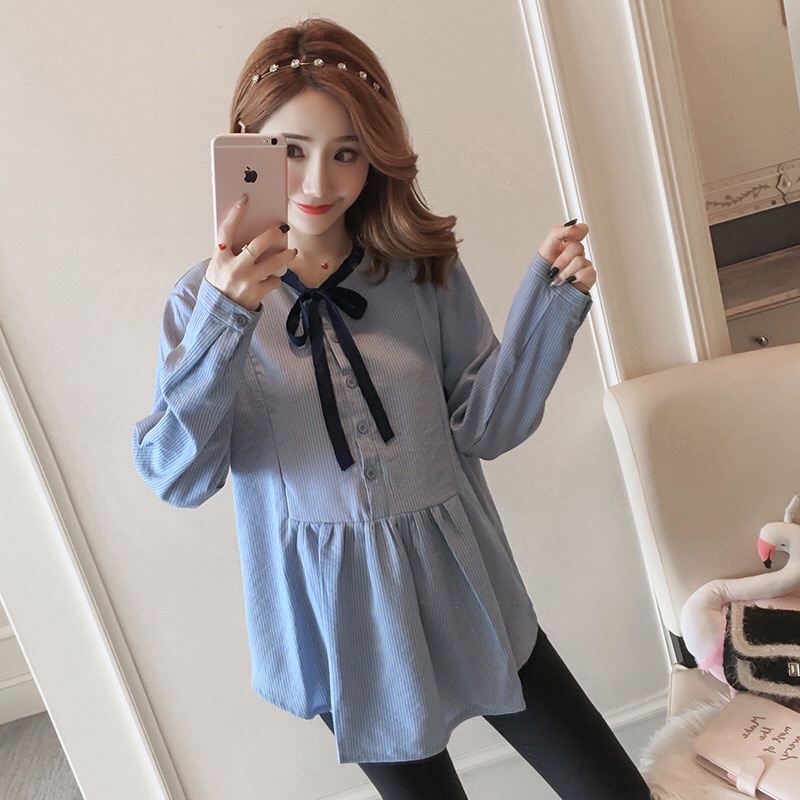Áo bà bầu dài thu đông dáng babydoll chất đũi công sở đu chơi kẻ tăm