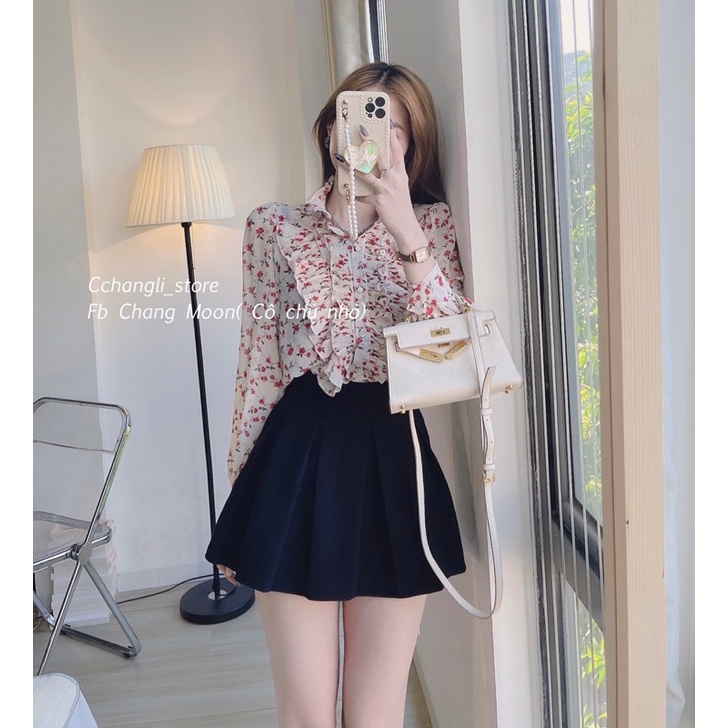 Áo sơ mi hoa nhí phối chân váy xoè hàng quảng châu( ảnh thật shop chụp)
