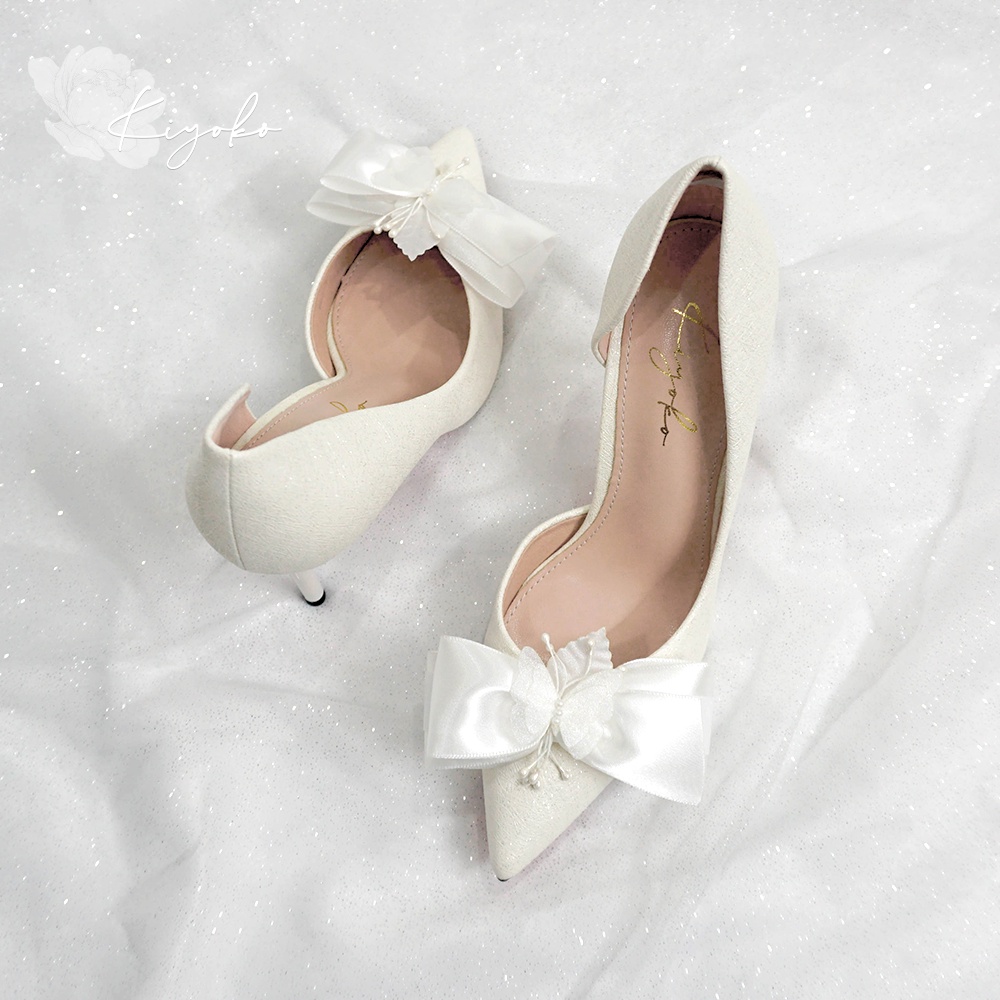 Giày cưới Kiyoko hở eo đính nơ satin 2 tầng cao 9cm