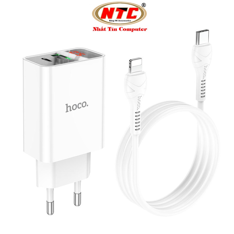 Bộ sạc Hoco C100A 2 cổng USB QC 3.0 18W và PD 20W kèm cáp TypeC to LN, LCD hiển thị điện áp (Trắng) - Hãng phân phối