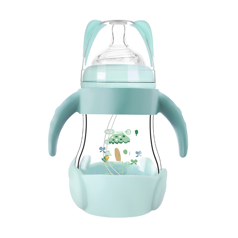 Bình Sữa Thủy Tinh Dung Tích 180ml Có Tay Cầm Và Ống Hút Chống Đầy Hơi Chống Rơi Cho Bé