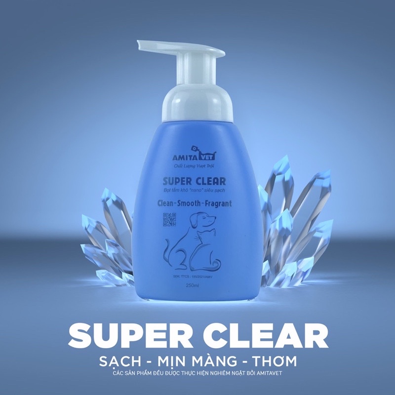 Sữa tắm khô cho chó mèo Super Clear Amitavet giúp dưỡng lông khử mùi làm sạch cơ thể thú cưng chai 250ml