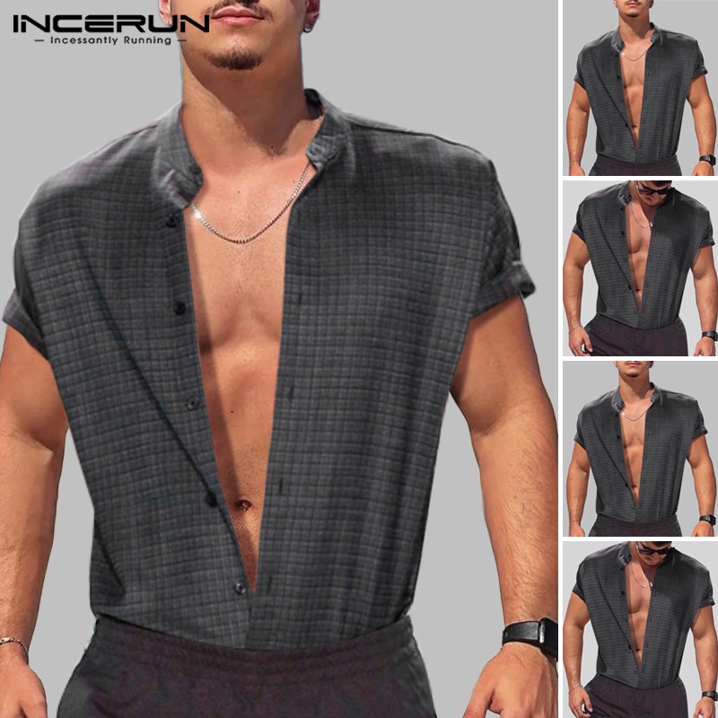 Incerun Áo Sơ Mi Cotton Ngắn Tay Cổ Đứng Cài Nút Kẻ Sọc Caro Cho Nam