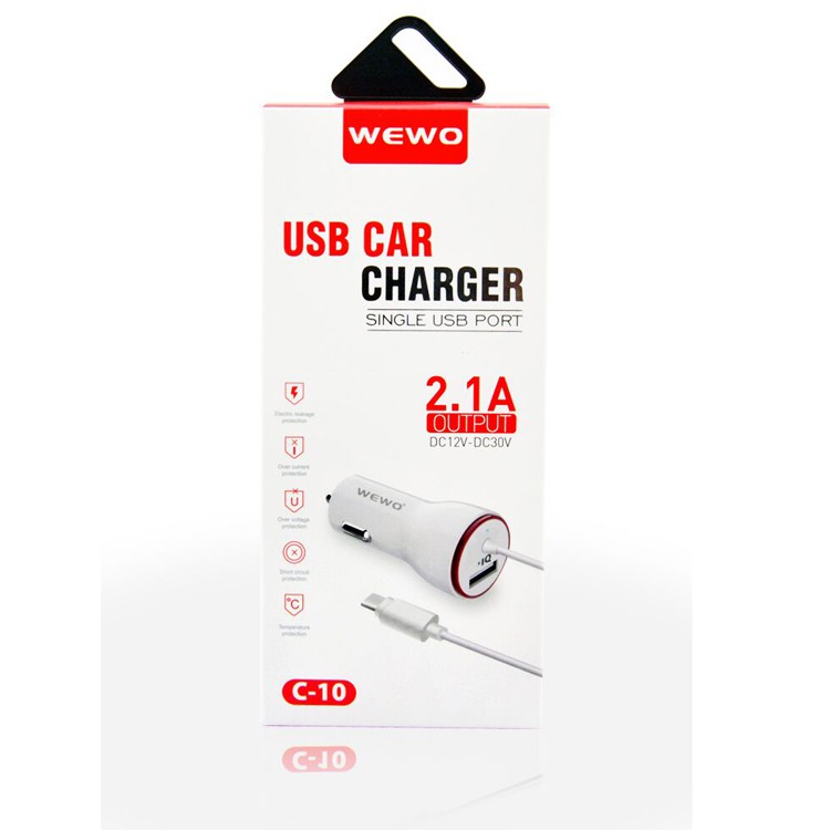 [Mã 2404EL10K giảm 10K đơn 20K] Củ sạc phổ thông xe hơi với cáp sạc 2.1A 2 cổng USB an toàn và ổn định WEWO C10 Iphone