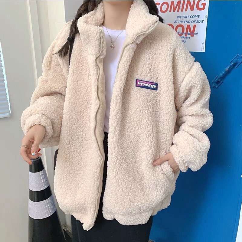 Áo Khoác Lông Tay Bồng Upward - Áo jacket khóa zip dài tay dáng suông oversize, họa tiết chữ ngực trái trẻ trung Ulzzang