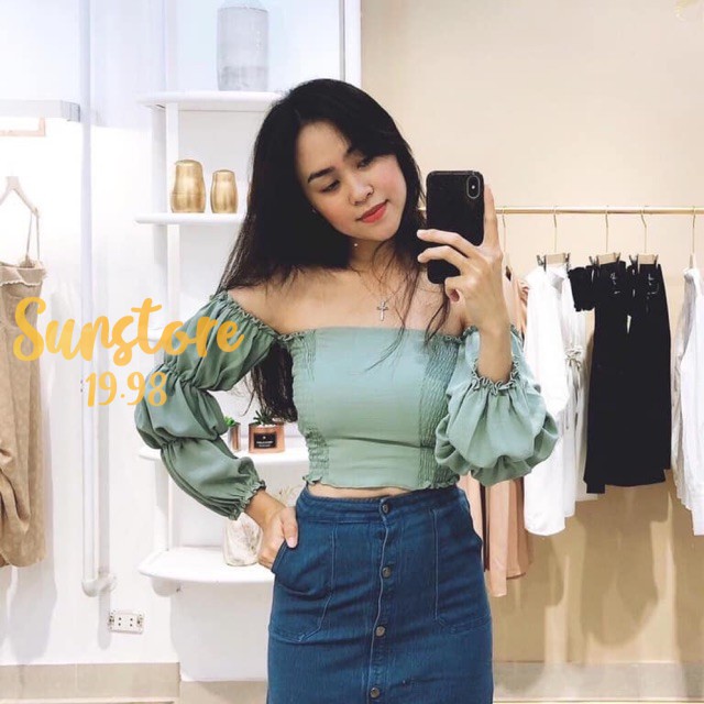 Áo croptop tay dài rớt vai nhún chun tay bo phồng độc đáo nữ tính cực kì
