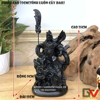Tượng Đá Phong Thủy Quan Công Cầm Đao Cưỡi Rồng - Màu Nâu Đen - Chiều cao 25cm - tượng phong thủy Quan Công