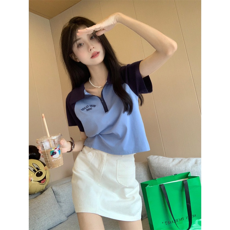 Xiaozhainv Áo Thun Croptop Ngắn Tay Cổ Polo In Chữ Phong Cách Vintage Mỹ | BigBuy360 - bigbuy360.vn