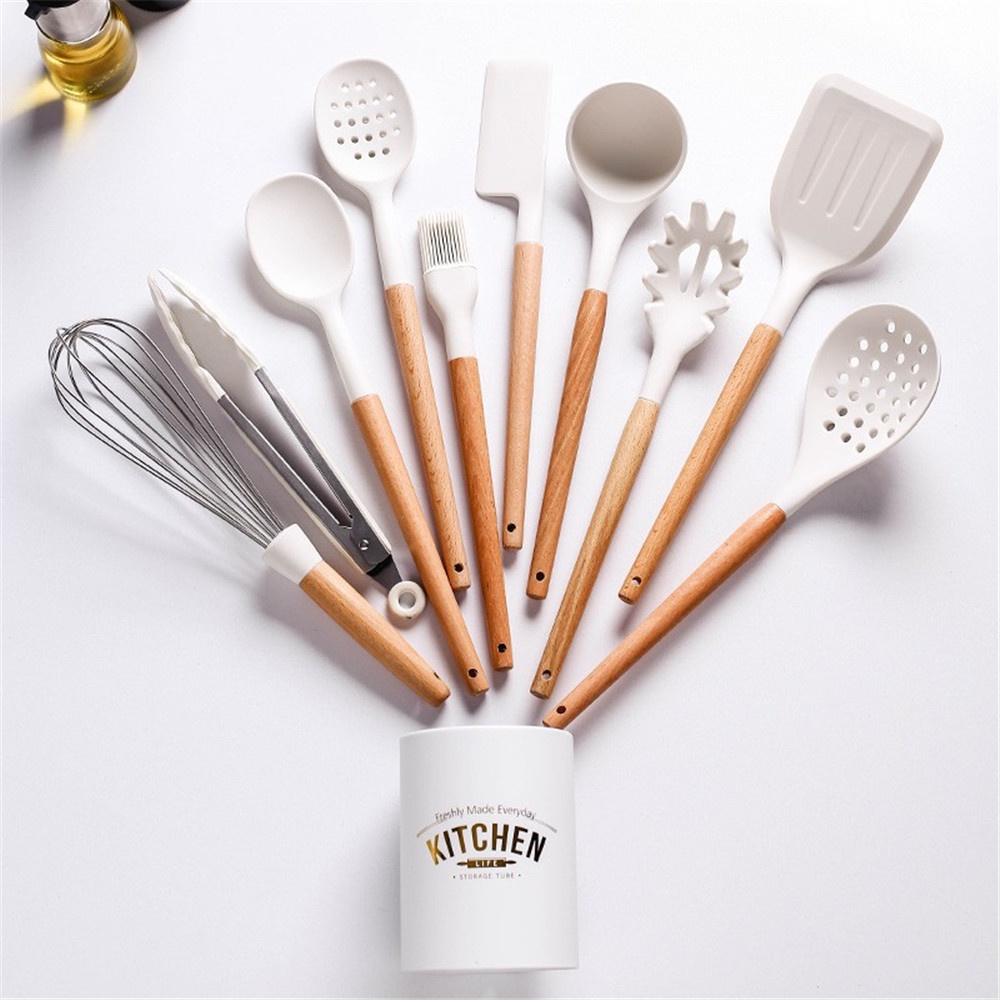 1 Bộ Dụng Cụ Nấu Ăn Bằng Silicone Tay Cầm Gỗ Chống Dính Đa Năng