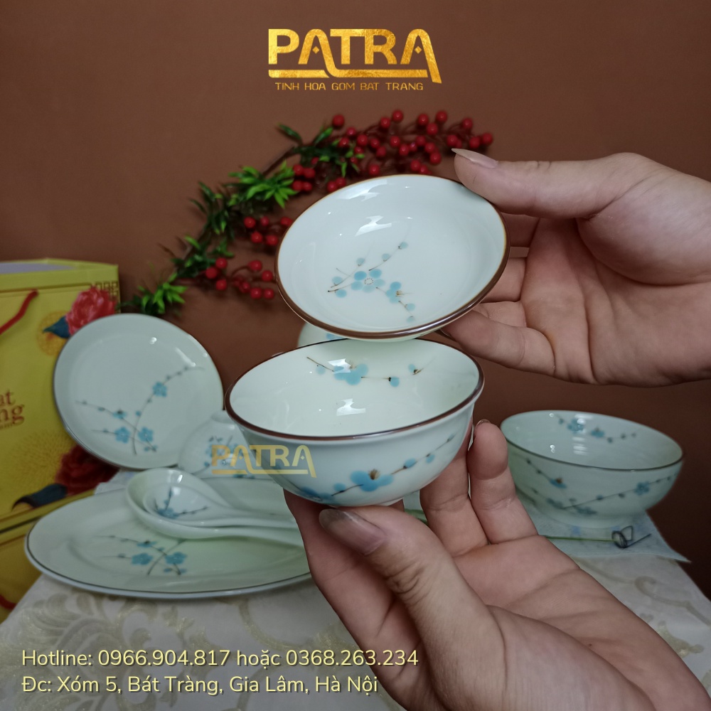 Bộ bát đĩa sứ Bát Tràng, bộ chén dĩa men kem họa tiết đào xanh cao cấp 13 chi tiết, có bán các món lẻ