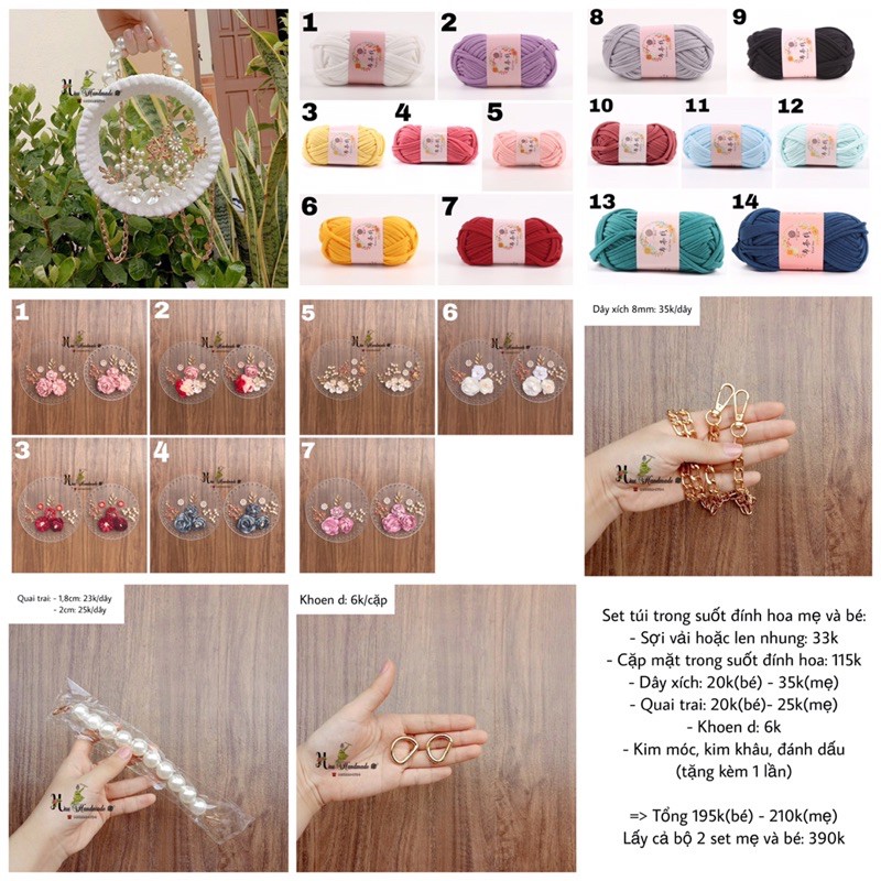 Set nguyên liệu túi trong suốt đính hoa mẹ và bé (Set sợi vải- NHẮN TIN MÀU MẶT CHO SHOP)