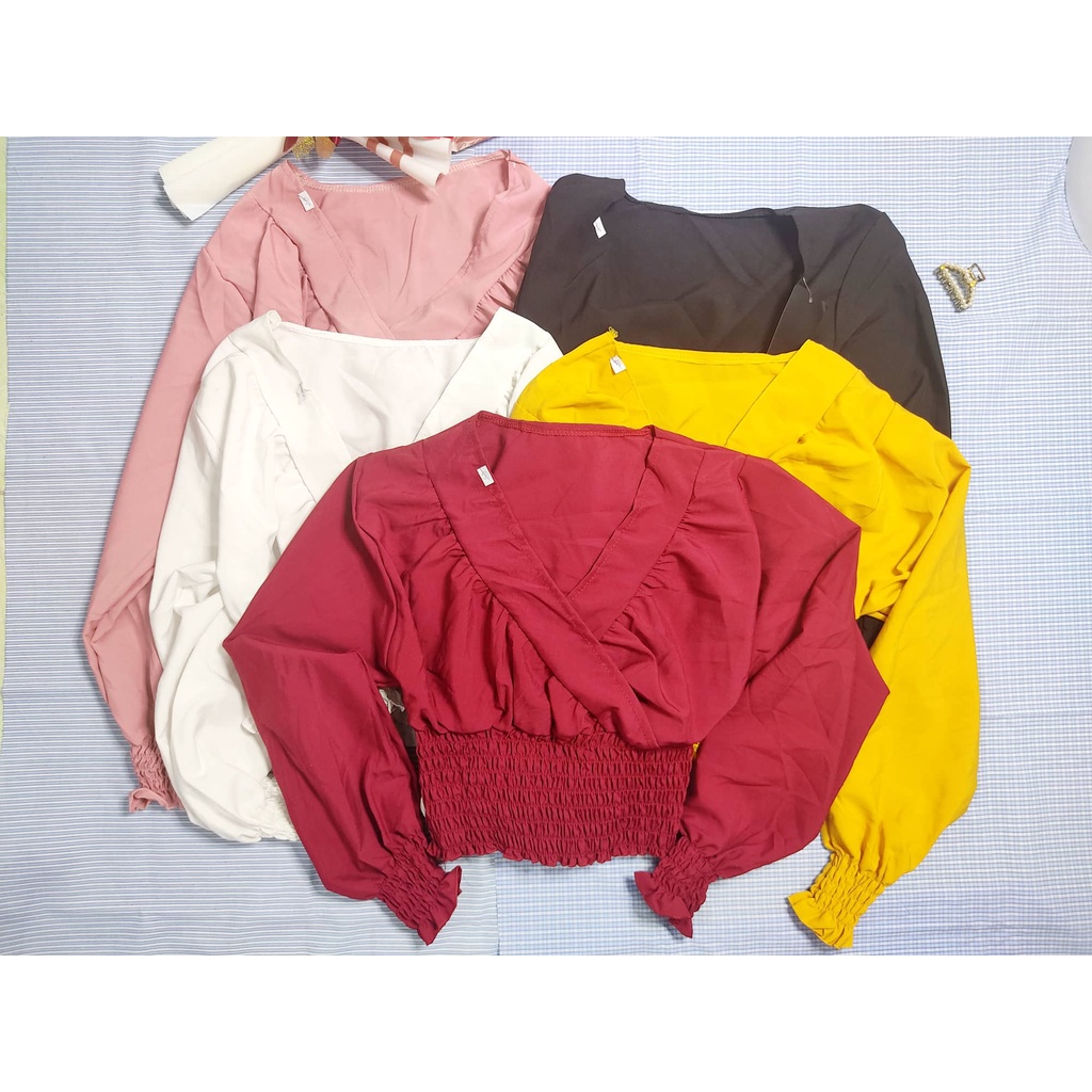 Áo Voan Kiểu Cổ Tim tay Dài Bo Eo Tay