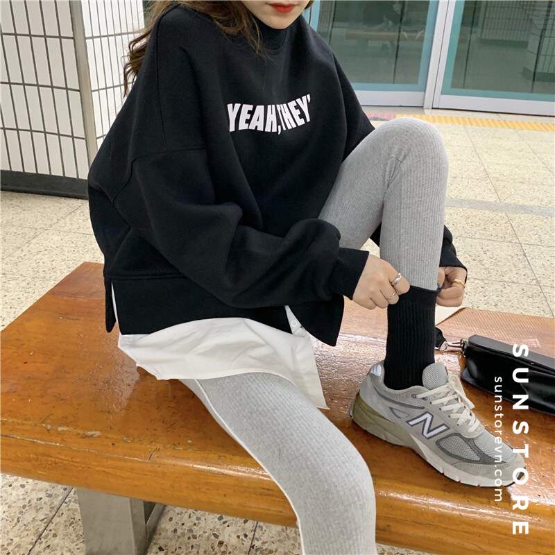 Áo sweater tay dài phối vạt trắng 2 màu đen và xám thời trang thu đông Ulzzang