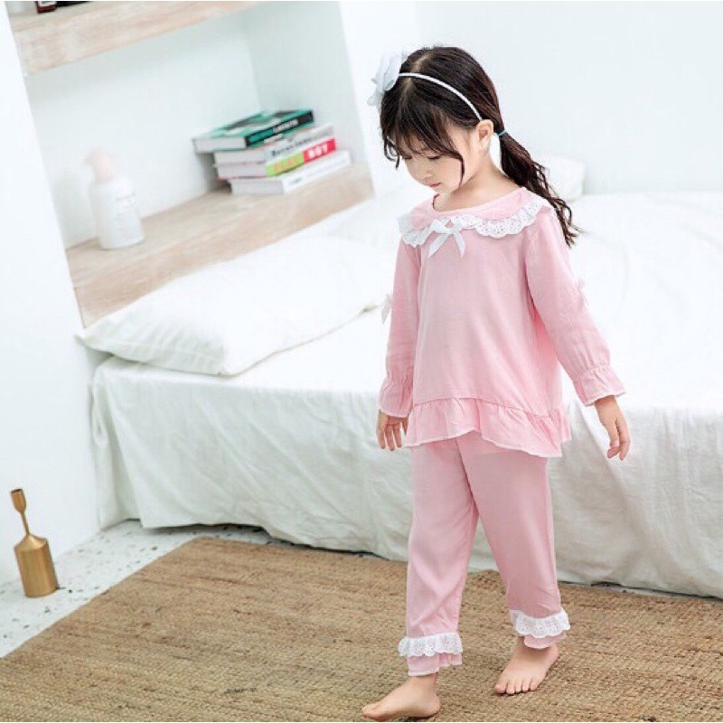 [ PIZAMA CHO BÉ] Đồ Ngủ Dài Tay Bé Gái_Pijama Lụa Dài Tay Phối Ren Dành Cho Bé Gái từ 7- 17 kg