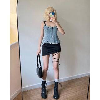 [Có sẵn] [Ảnh thật] Áo 2 dây DENIM cột dây đen