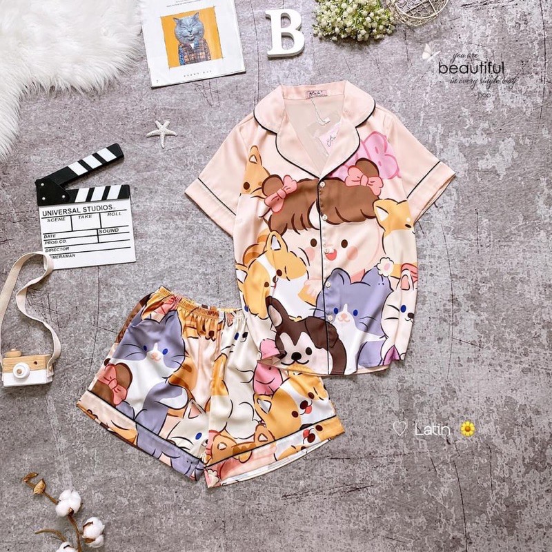 Bộ satin bèo đùi tem gấu boo boo (40-57kg)